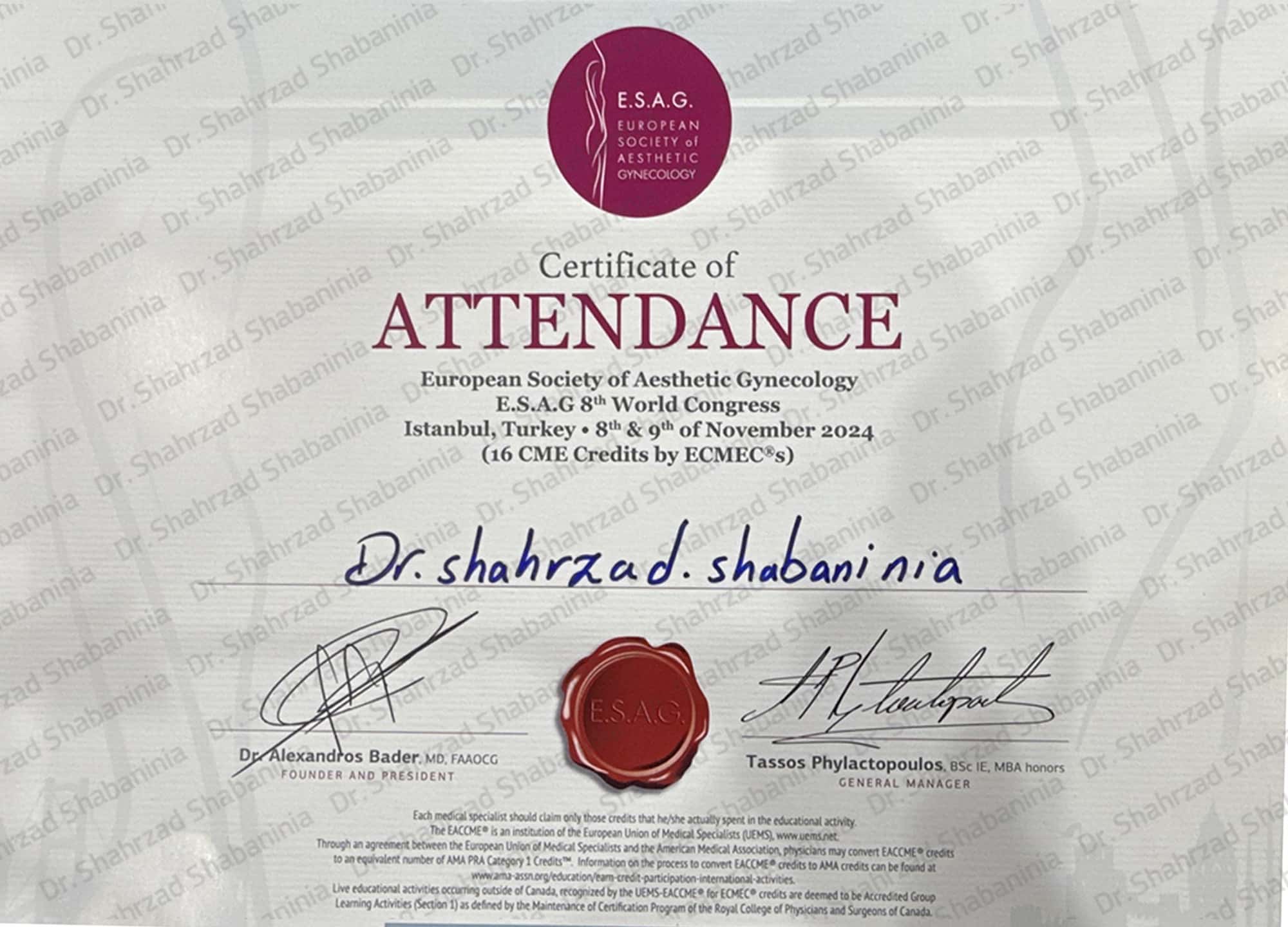 سرتیفیکیت حضور در کنگره زیبایی زنان (ESAG) 